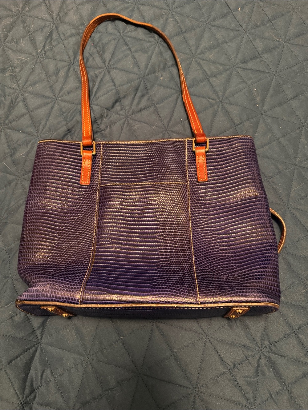 Dooney & Bourke blue Lizard-Embossed Tote with Brown Straps - Picture 3 of 14